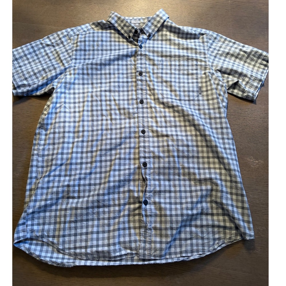 Columbia Mens XL Regular Fit Gingham Check Short Sleeve Button Down Shirt Grey